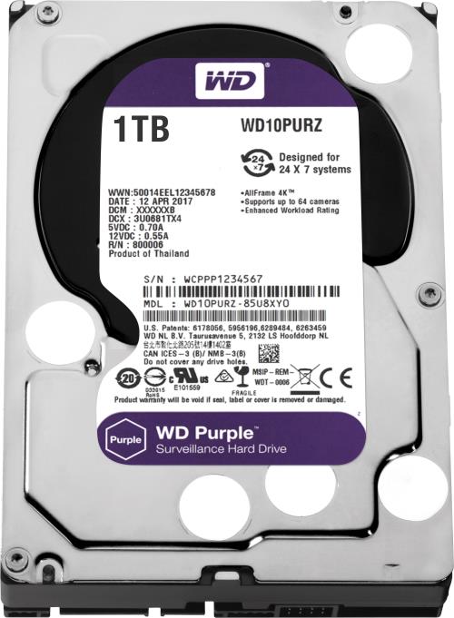 WD PURPLE 1TB 5900RPM 64MB WD10PURZ 3.5" SATA3 REFURBİSH(YENİLENMİŞ) 7/24 Güvenlik DİSKİ